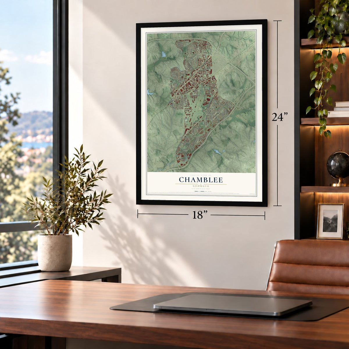 Chamblee, Georgia map, 18 x 24 inch print in a black frame in a home office