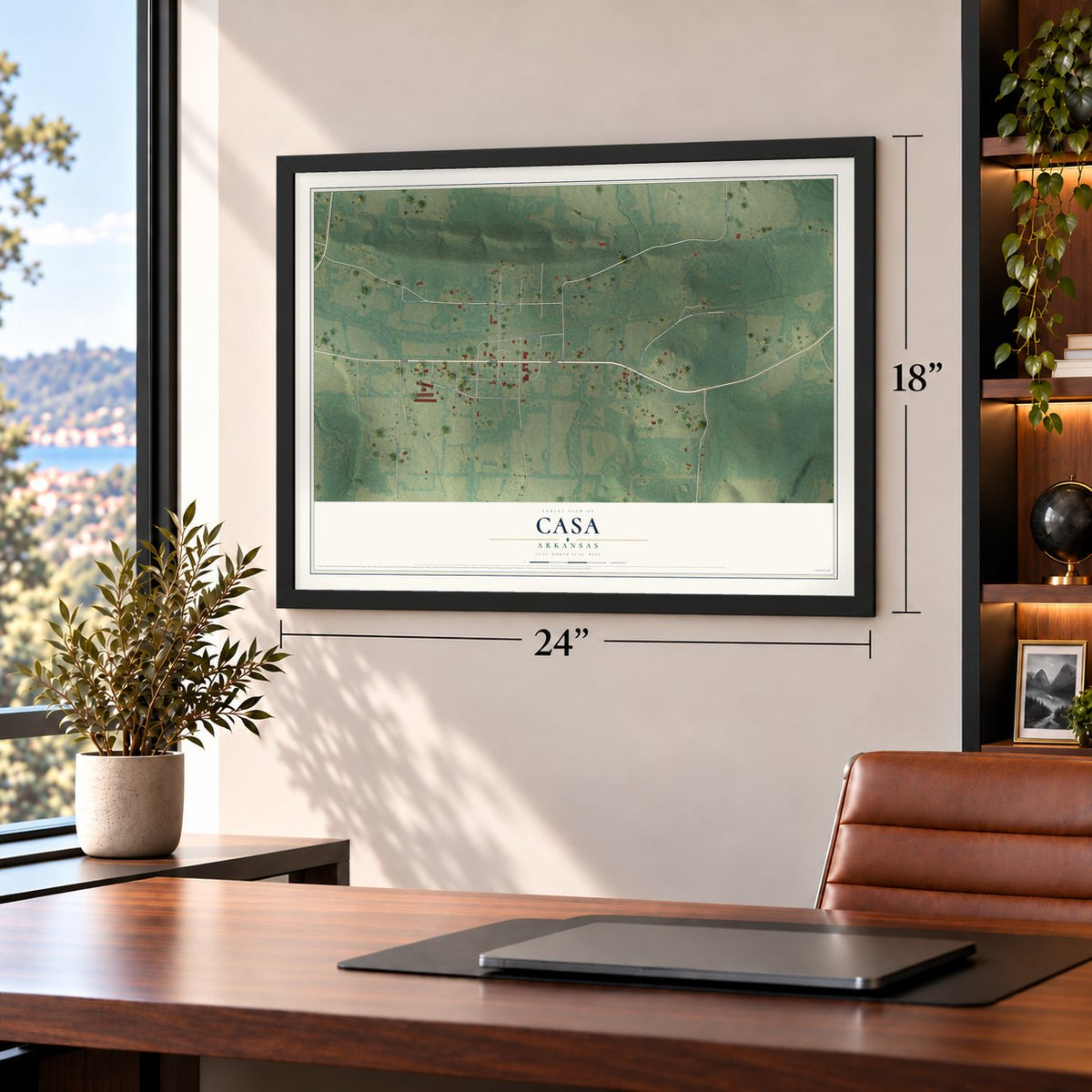 Casa, Arkansas map, 18 x 24 inch print in a black frame in a home office