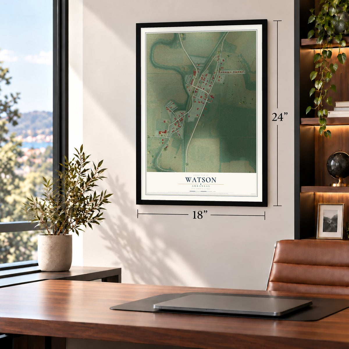 Watson, Arkansas map, 18 x 24 inch print in a black frame in a home office