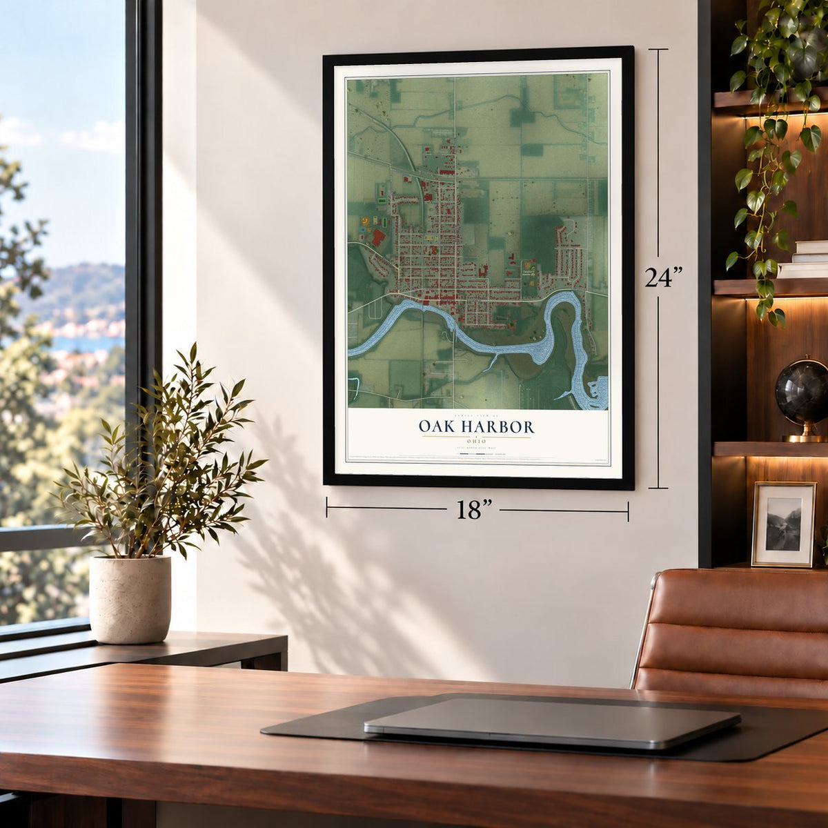 Oak Harbor, Ohio map, 18 x 24 inch print in a black frame in a home office