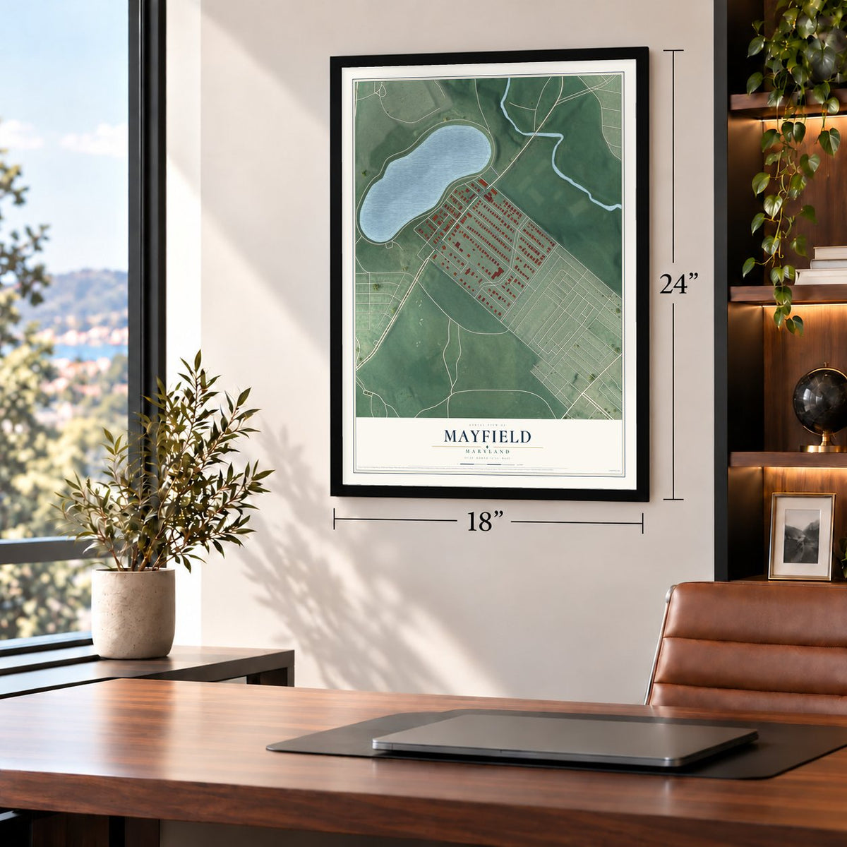 Mayfield, Maryland map, 18 x 24 inch print in a black frame in a home office
