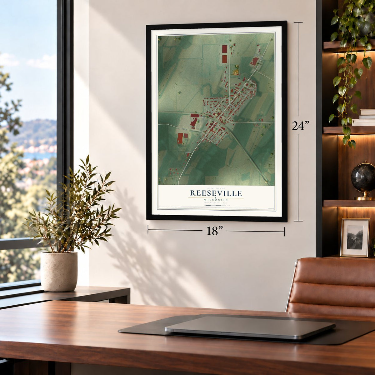 Reeseville, Wisconsin map, 18 x 24 inch print in a black frame in a home office