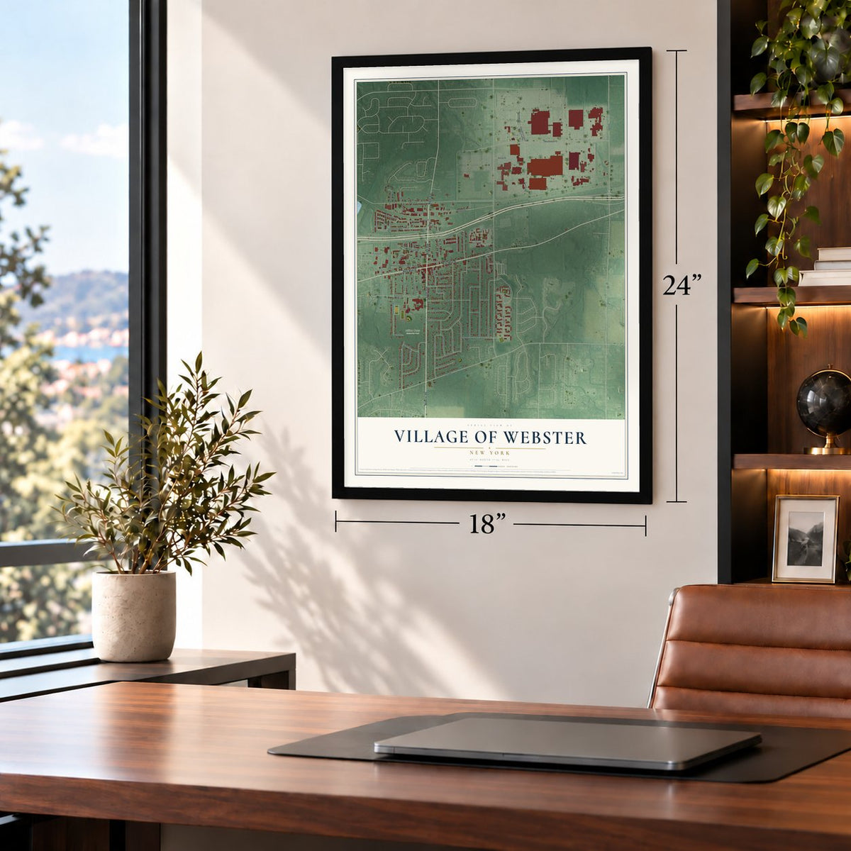 Village of Webster, New York map, 18 x 24 inch print in a black frame in a home office