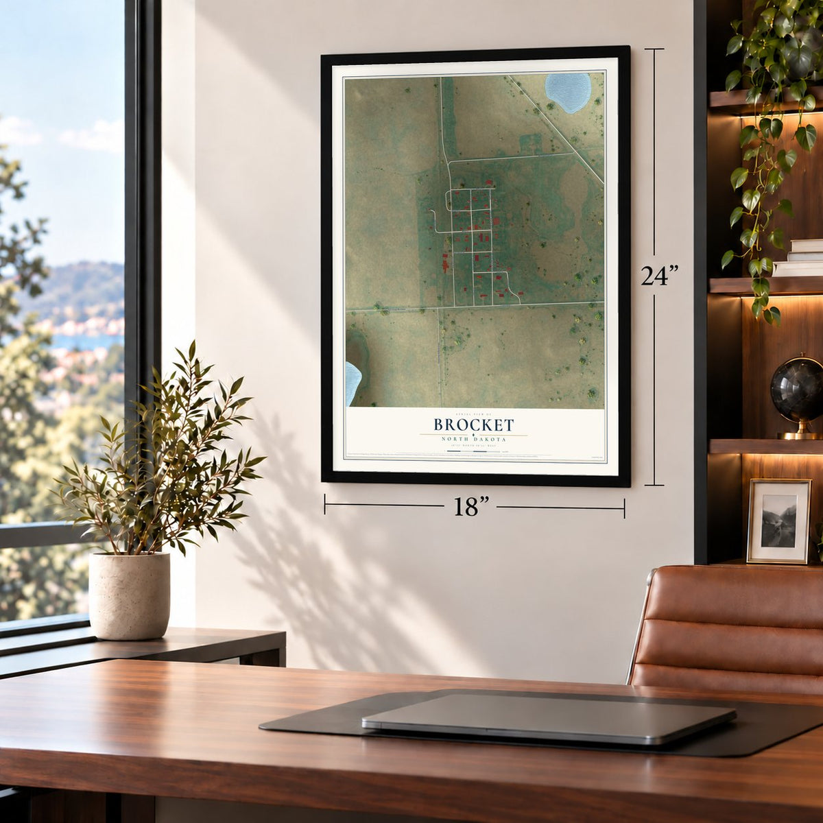 Brocket, North Dakota map, 18 x 24 inch print in a black frame in a home office