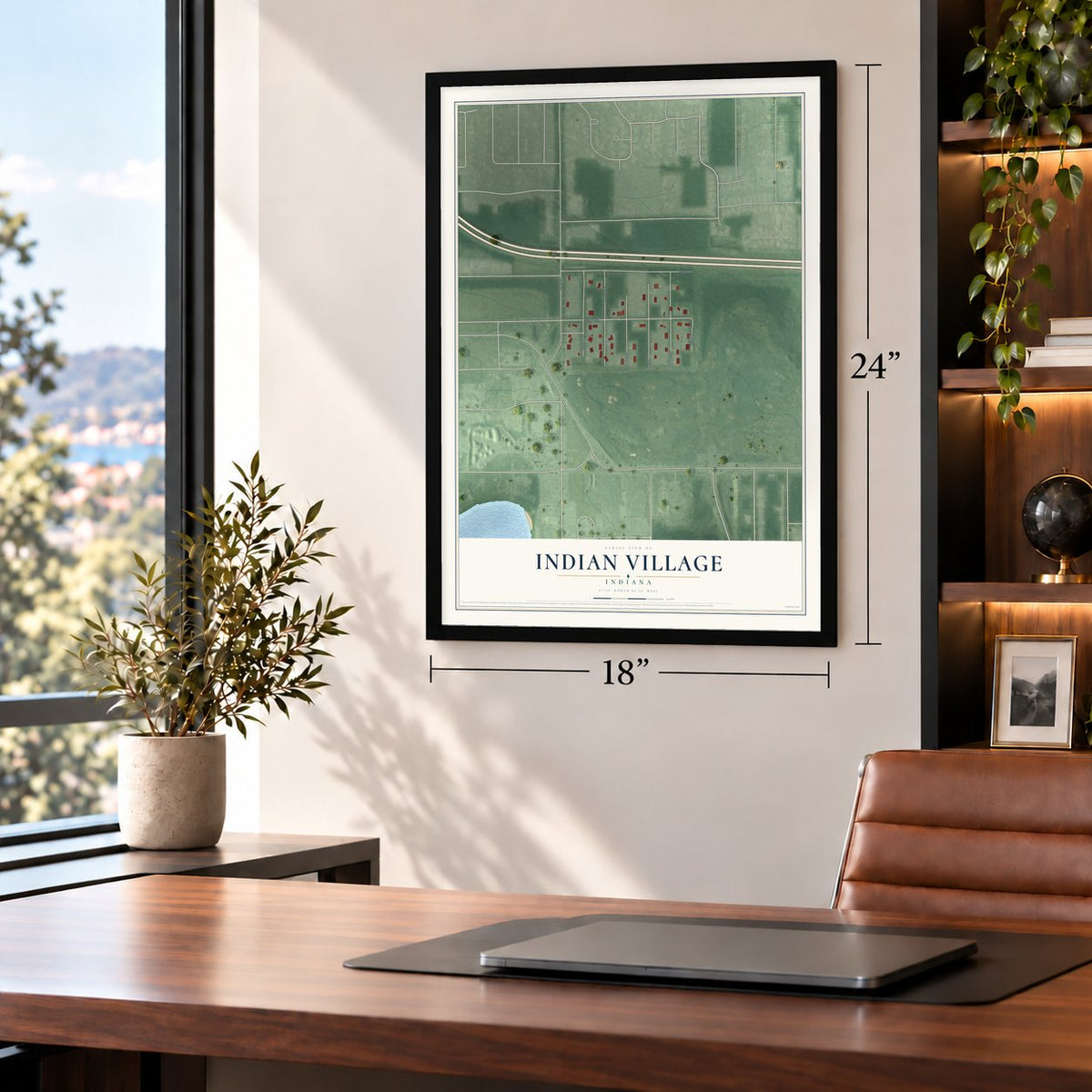 Indian Village, Indiana map, 18 x 24 inch print in a black frame in a home office