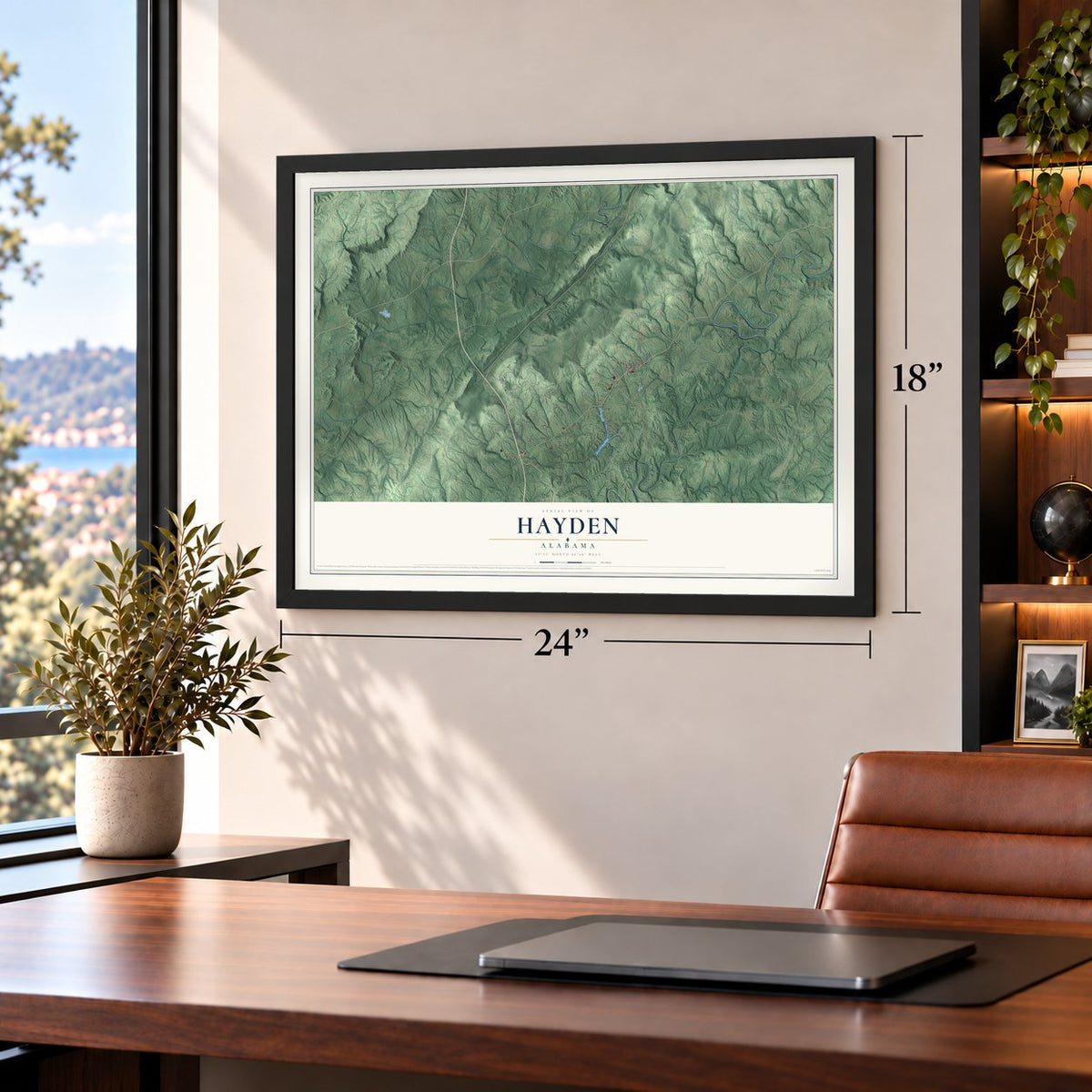 Hayden, Alabama map, 18 x 24 inch print in a black frame in a home office