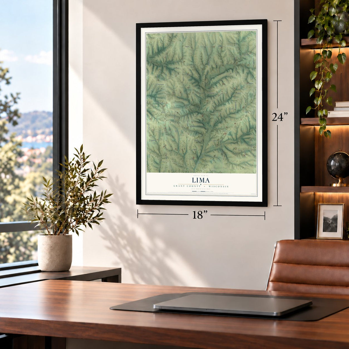 Lima, Grant County, Wisconsin map, 18 x 24 inch print in a black frame in a home office