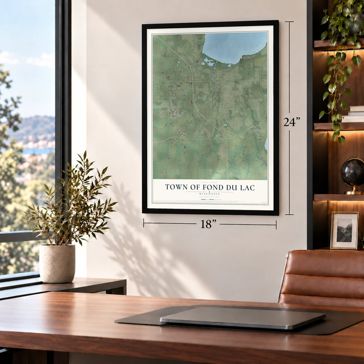 Town of Fond du Lac, Wisconsin map, 18 x 24 inch print in a black frame in a home office