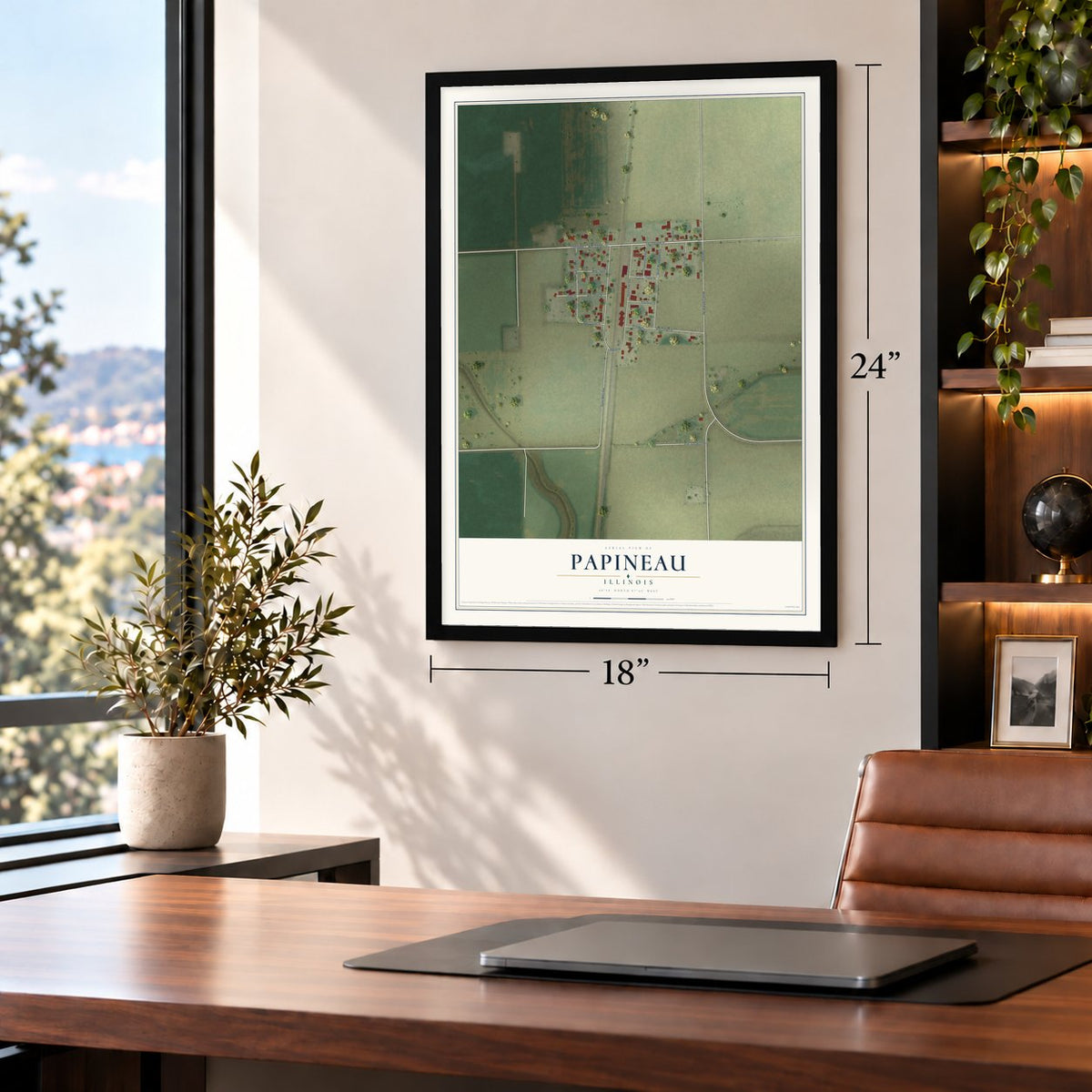 Papineau, Illinois map, 18 x 24 inch print in a black frame in a home office
