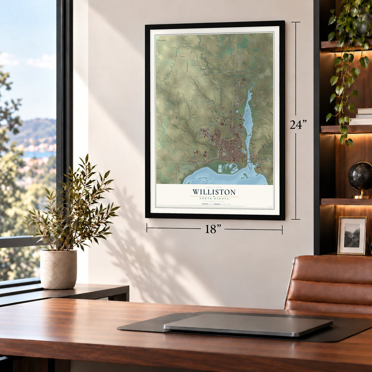 Williston, North Dakota map, 18 x 24 inch print in a black frame in a home office