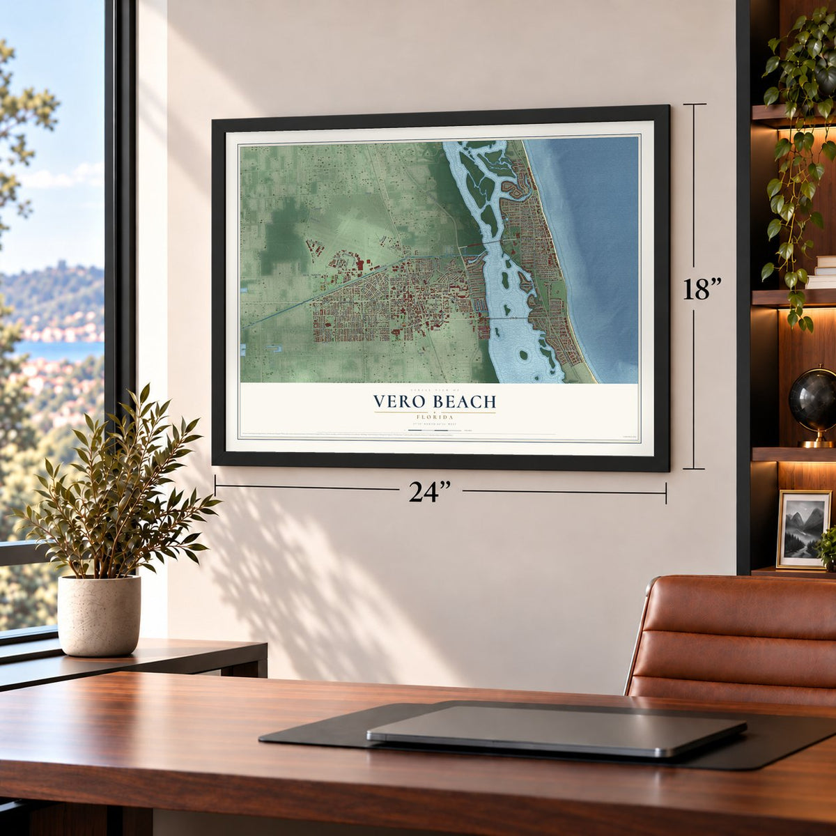 Vero Beach, Florida map, 18 x 24 inch print in a black frame in a home office