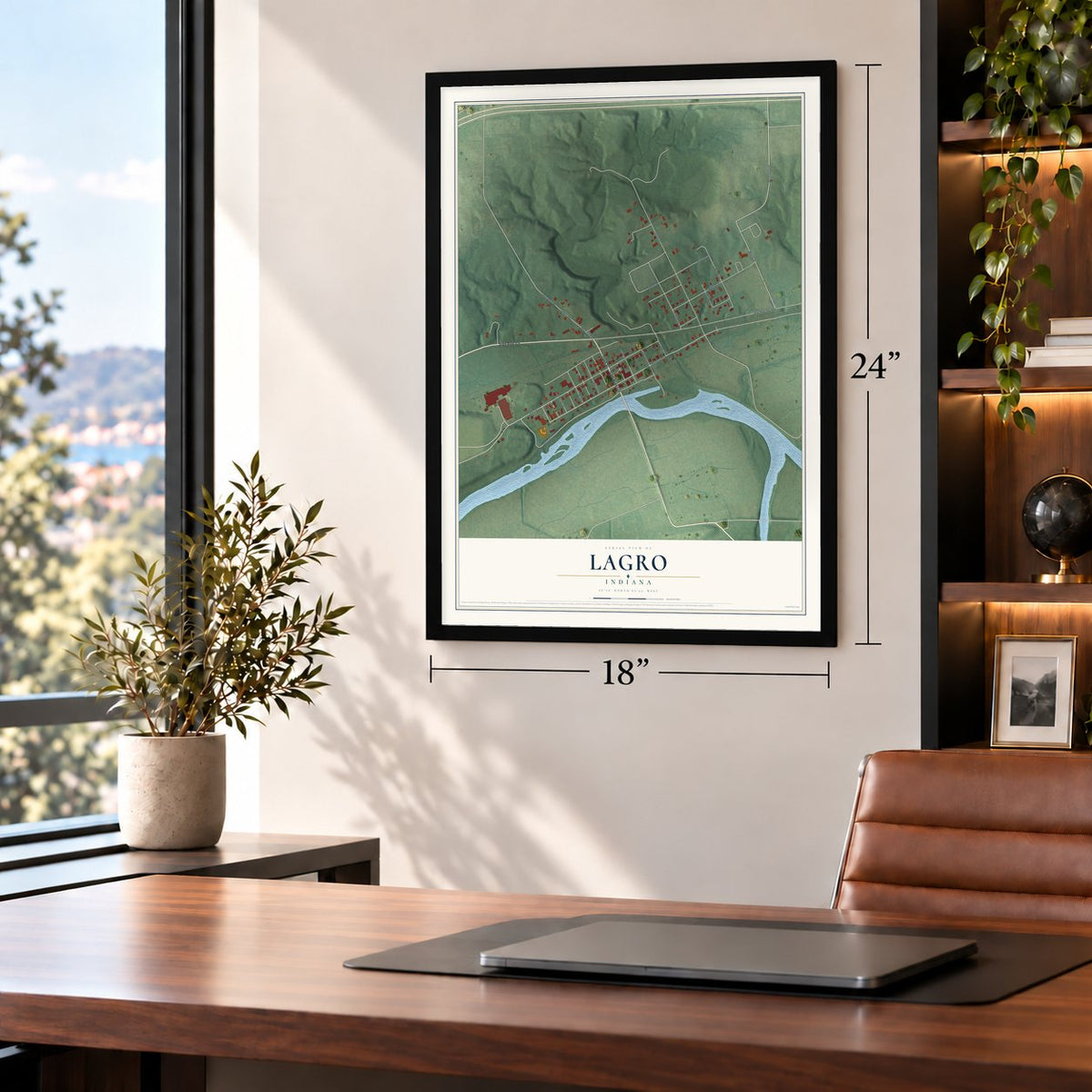Lagro, Indiana map, 18 x 24 inch print in a black frame in a home office