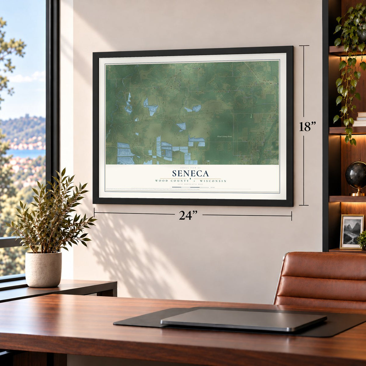Seneca, Wood County, Wisconsin map, 18 x 24 inch print in a black frame in a home office