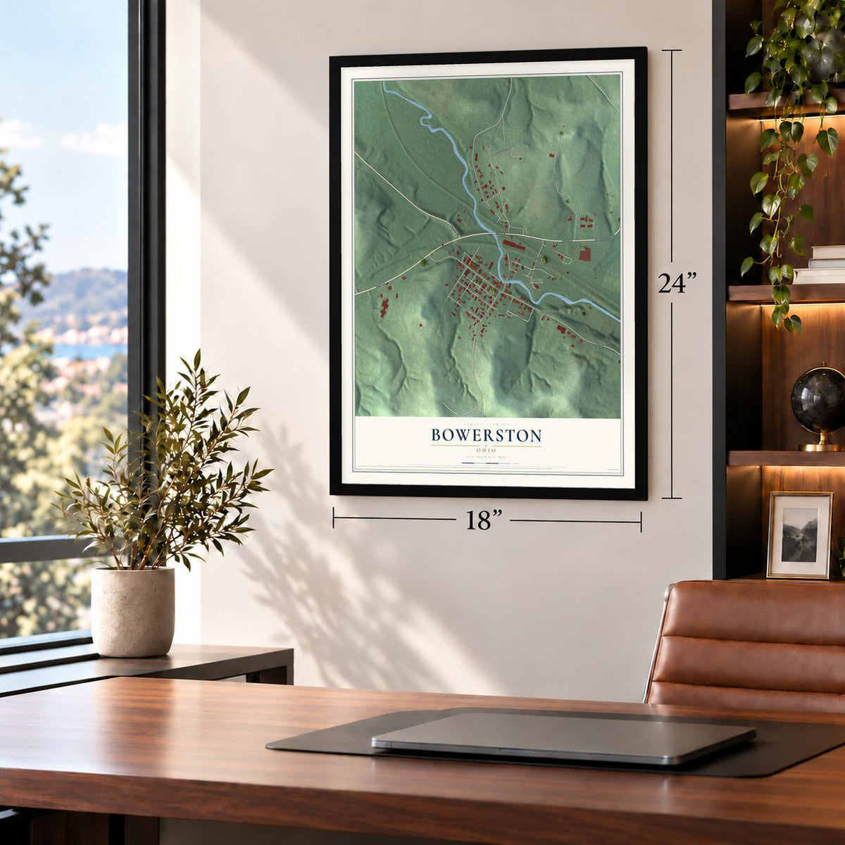 Bowerston, Ohio map, 18 x 24 inch print in a black frame in a home office