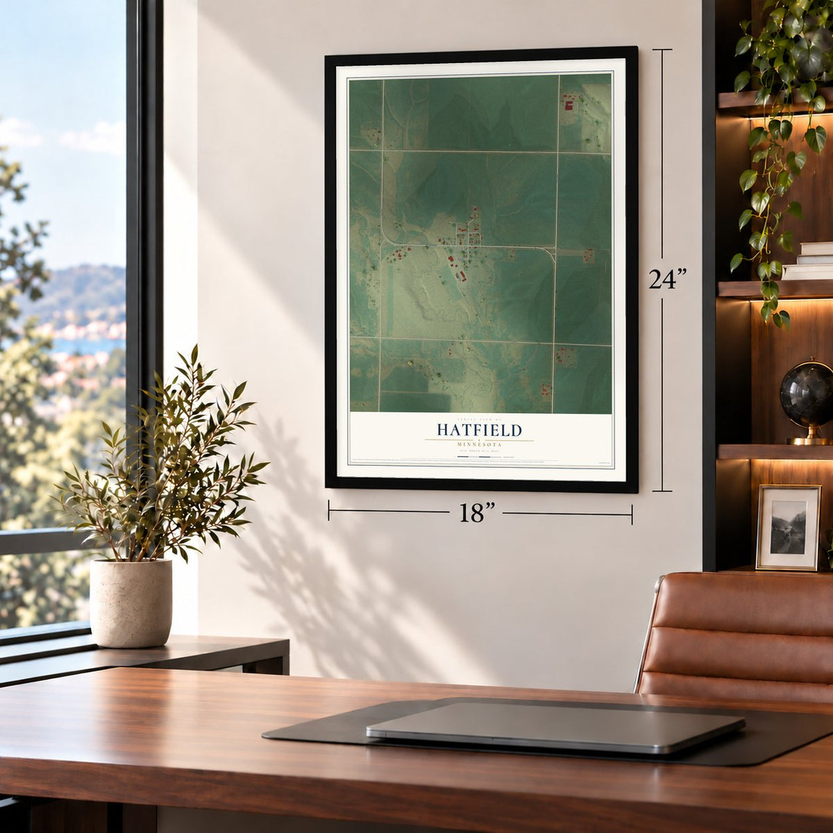 Hatfield, Minnesota map, 18 x 24 inch print in a black frame in a home office