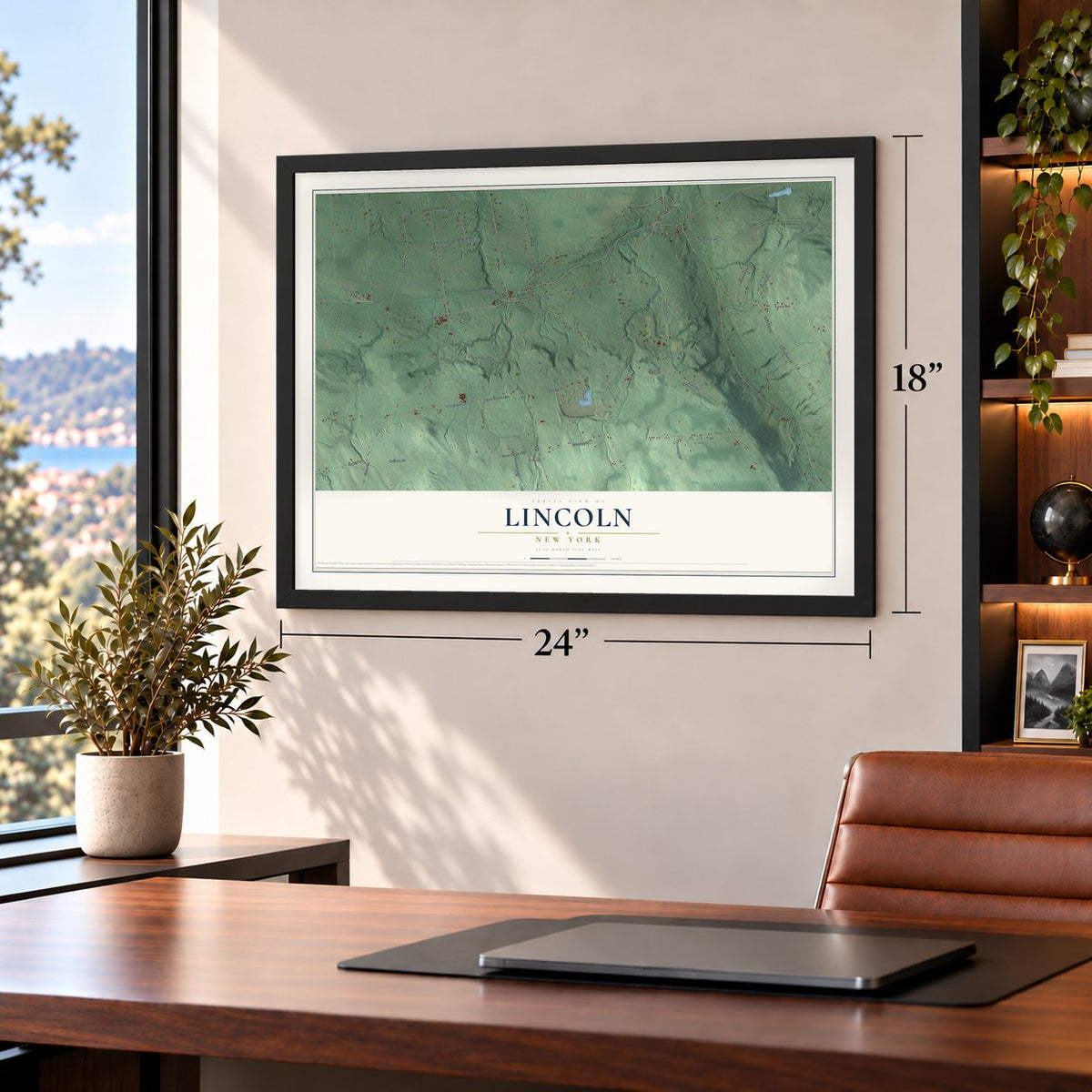 Lincoln, New York map, 18 x 24 inch print in a black frame in a home office