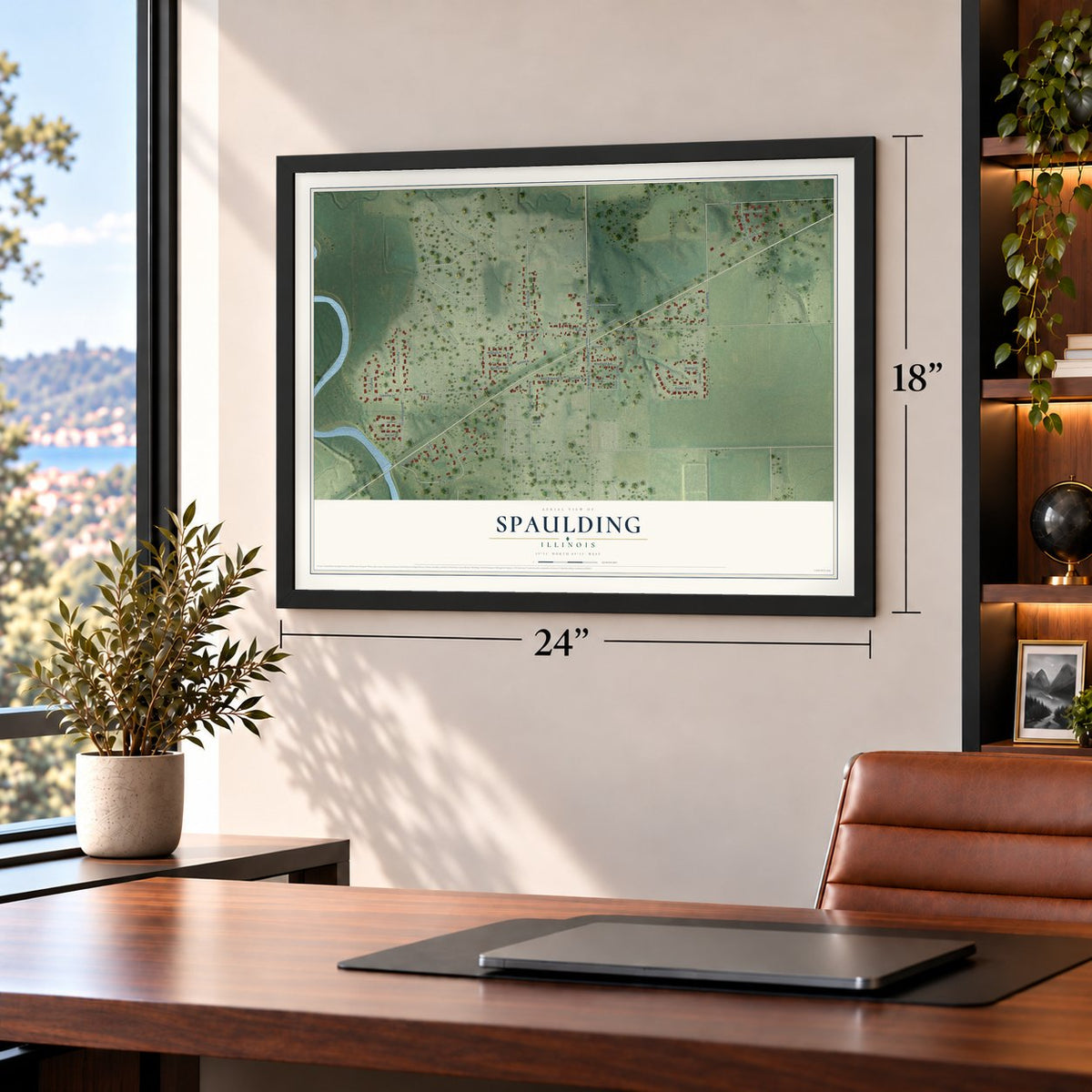 Spaulding, Illinois map, 18 x 24 inch print in a black frame in a home office