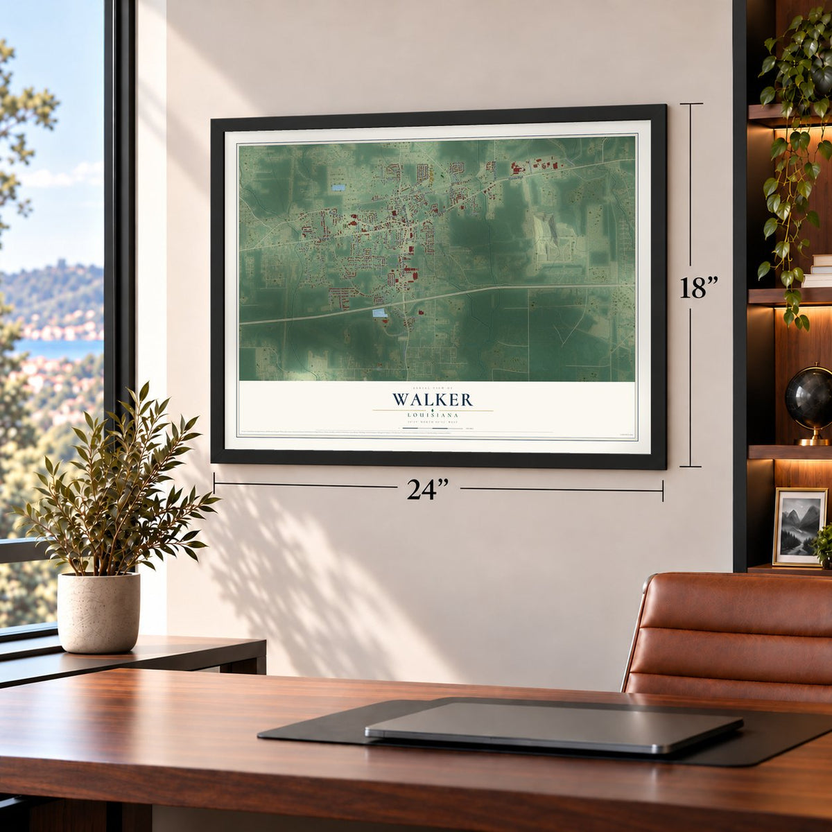 Walker, Louisiana map, 18 x 24 inch print in a black frame in a home office