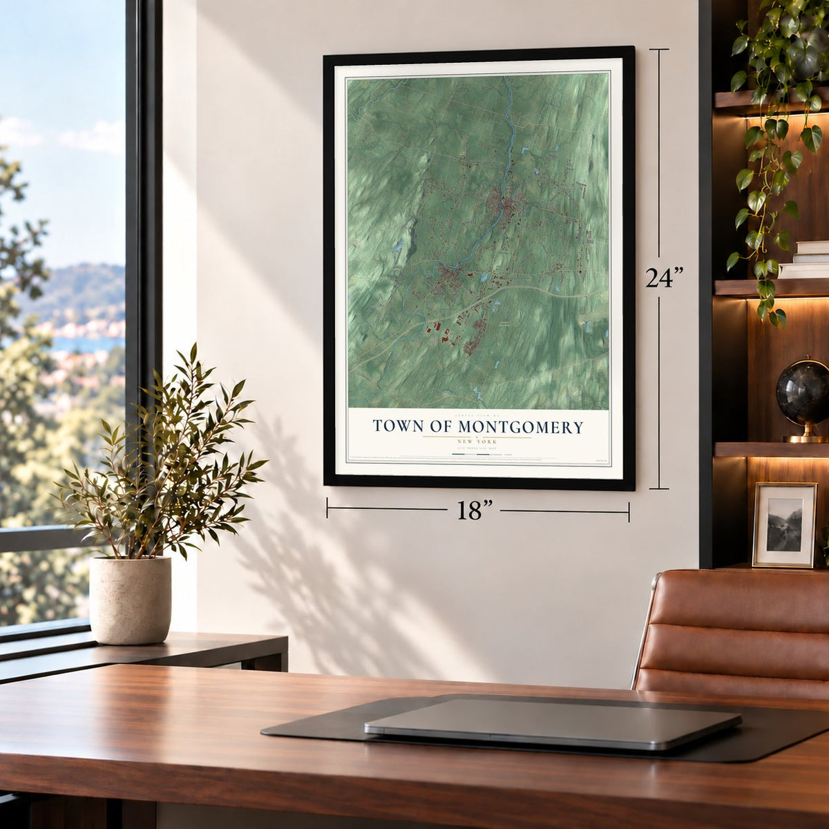 Town of Montgomery, New York map, 18 x 24 inch print in a black frame in a home office