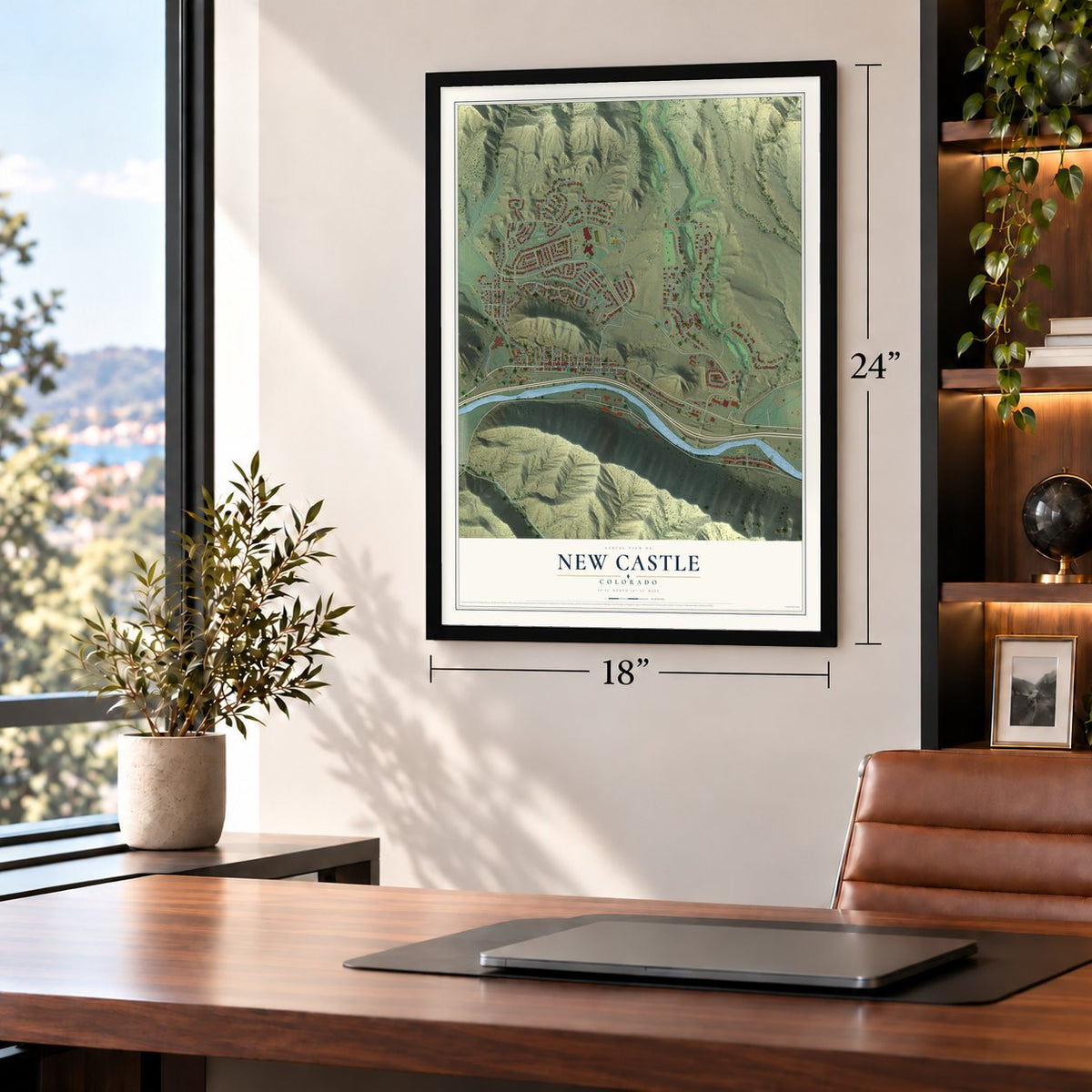 New Castle, Colorado map, 18 x 24 inch print in a black frame in a home office
