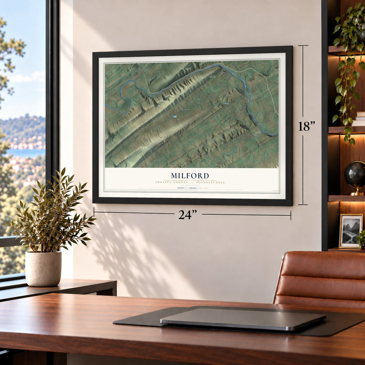 Milford, Juniata County, Pennsylvania map, 18 x 24 inch print in a black frame in a home office