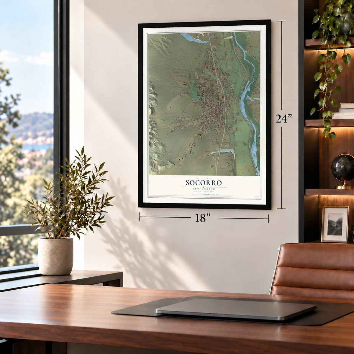 Socorro, New Mexico map, 18 x 24 inch print in a black frame in a home office