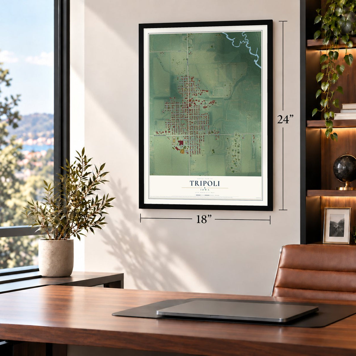 Tripoli, Iowa map, 18 x 24 inch print in a black frame in a home office