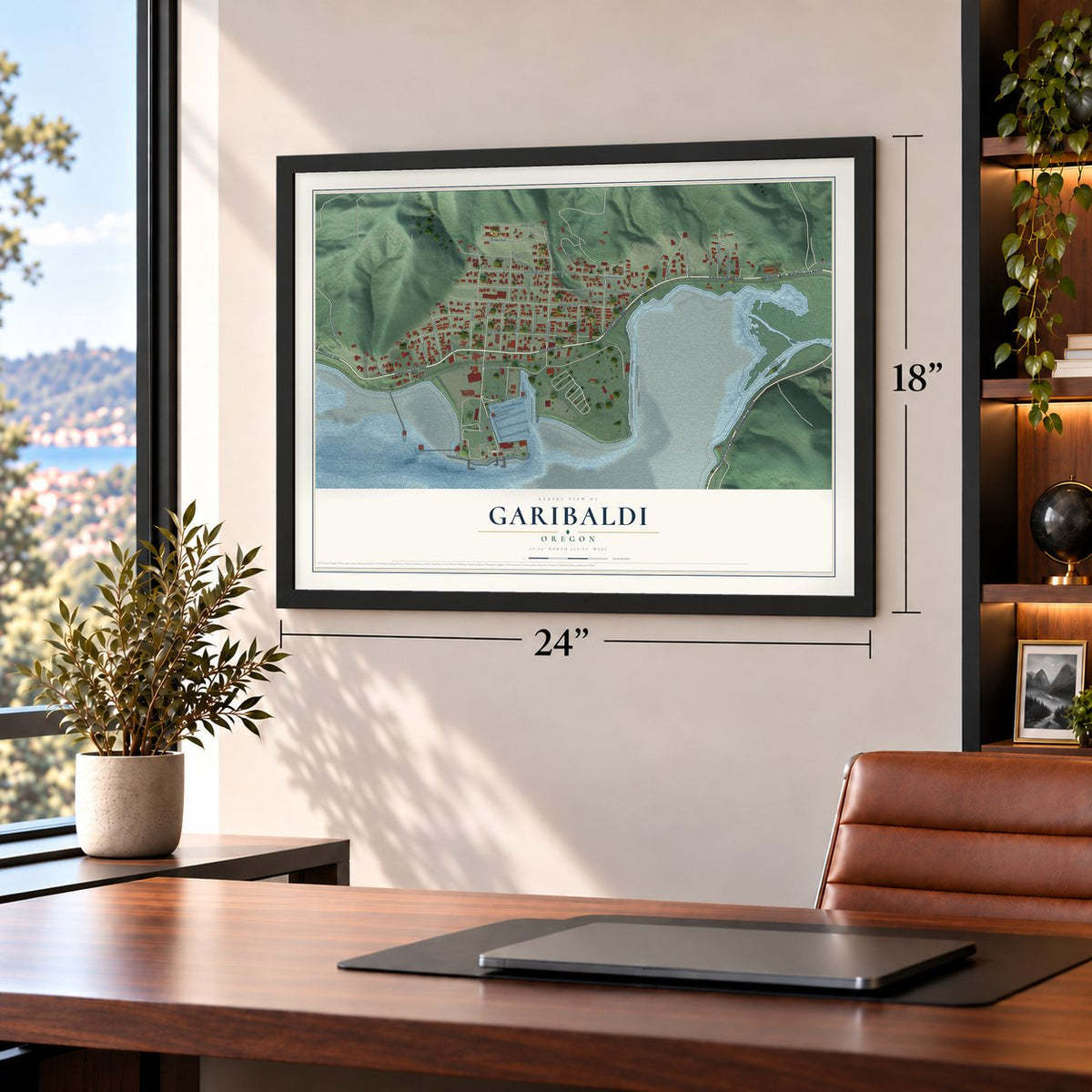 Garibaldi, Oregon map, 18 x 24 inch print in a black frame in a home office