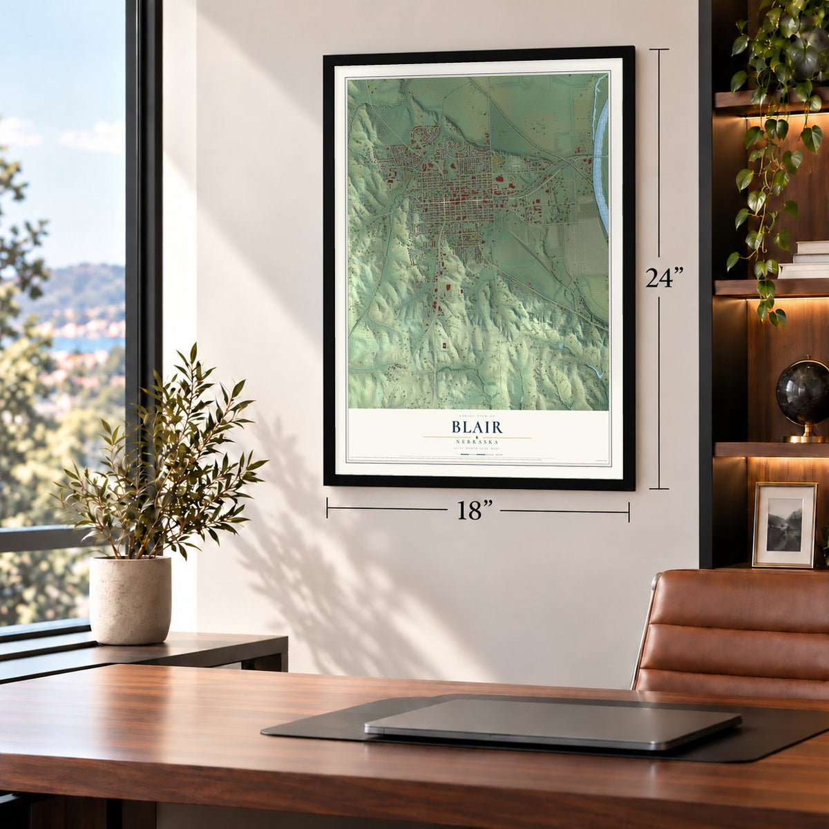 Blair, Nebraska map, 18 x 24 inch print in a black frame in a home office