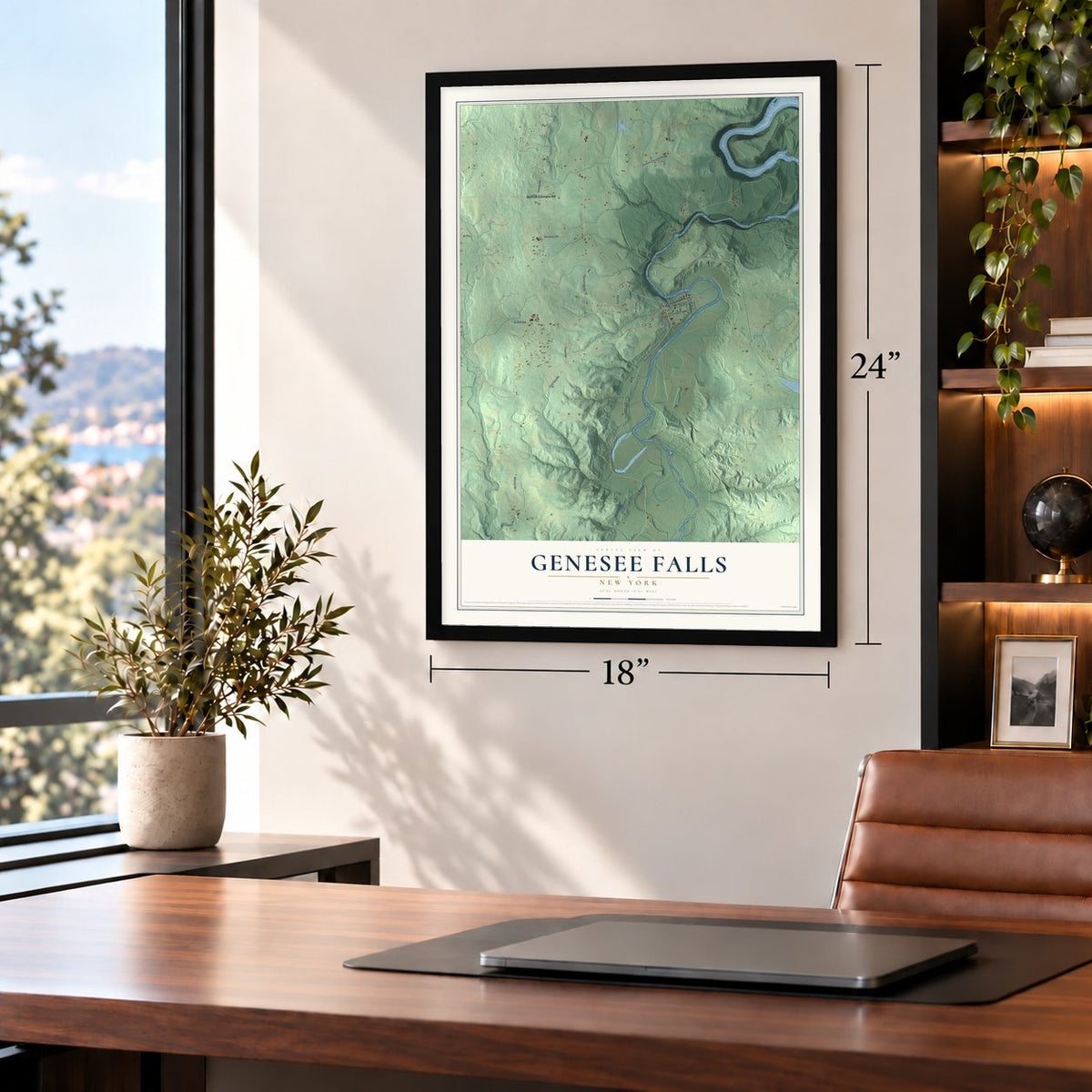 Genesee Falls, New York map, 18 x 24 inch print in a black frame in a home office
