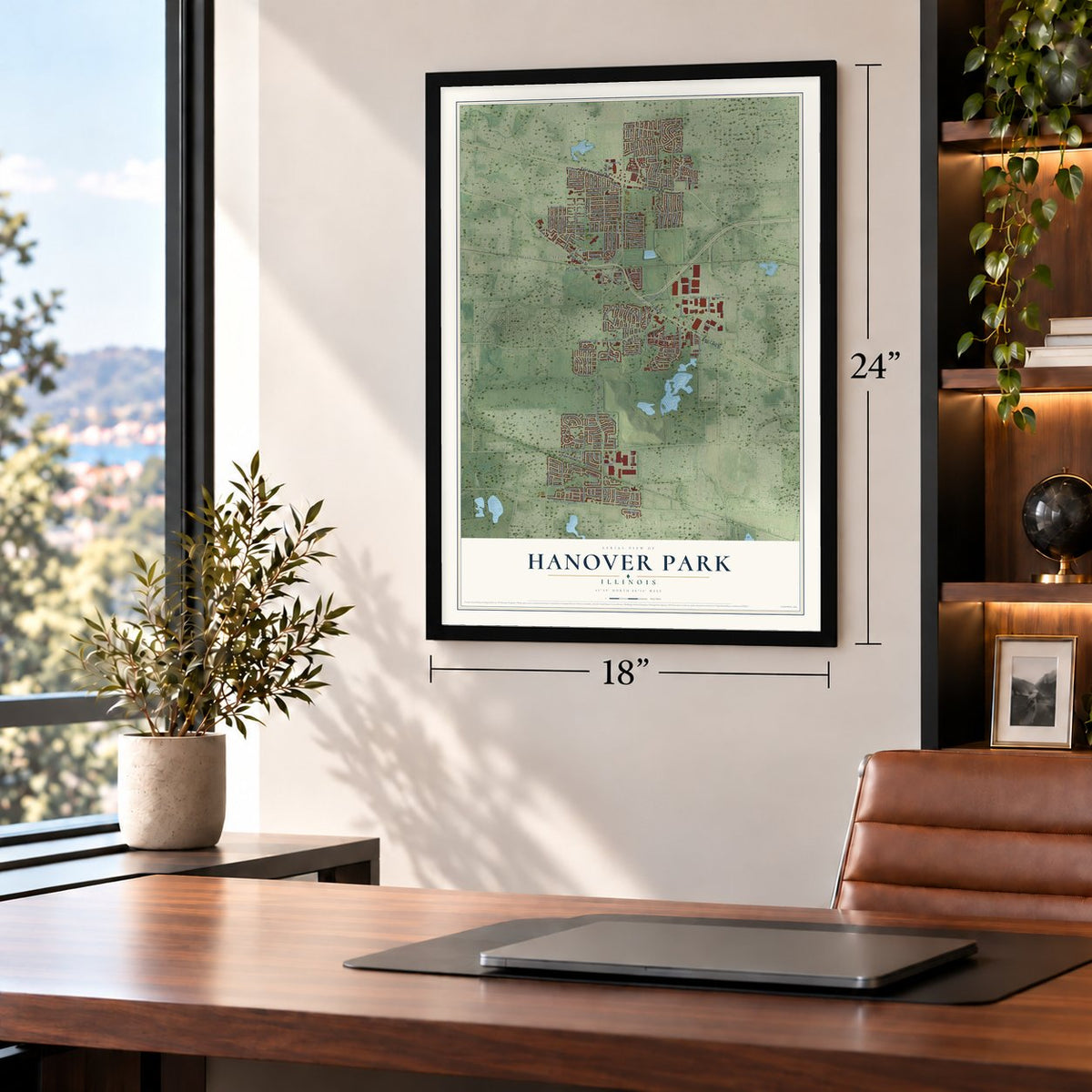 Hanover Park, Illinois map, 18 x 24 inch print in a black frame in a home office