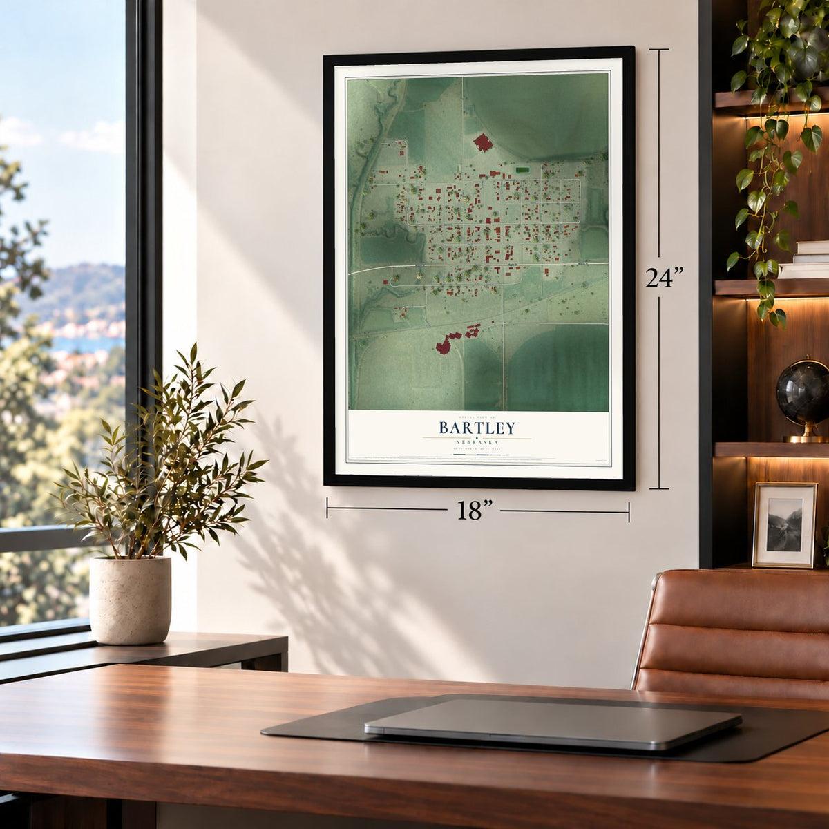 Bartley, Nebraska map, 18 x 24 inch print in a black frame in a home office