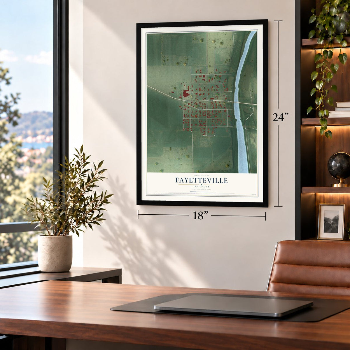 Fayetteville, Illinois map, 18 x 24 inch print in a black frame in a home office