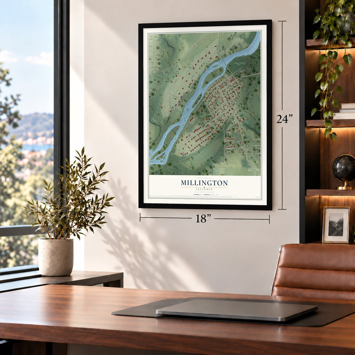 Millington, Illinois map, 18 x 24 inch print in a black frame in a home office