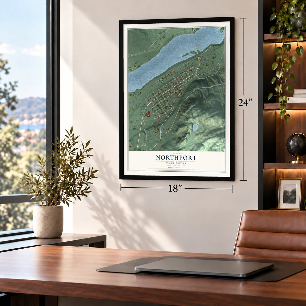 Northport, Washington map, 18 x 24 inch print in a black frame in a home office