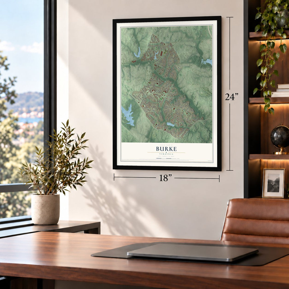 Burke, Virginia map, 18 x 24 inch print in a black frame in a home office