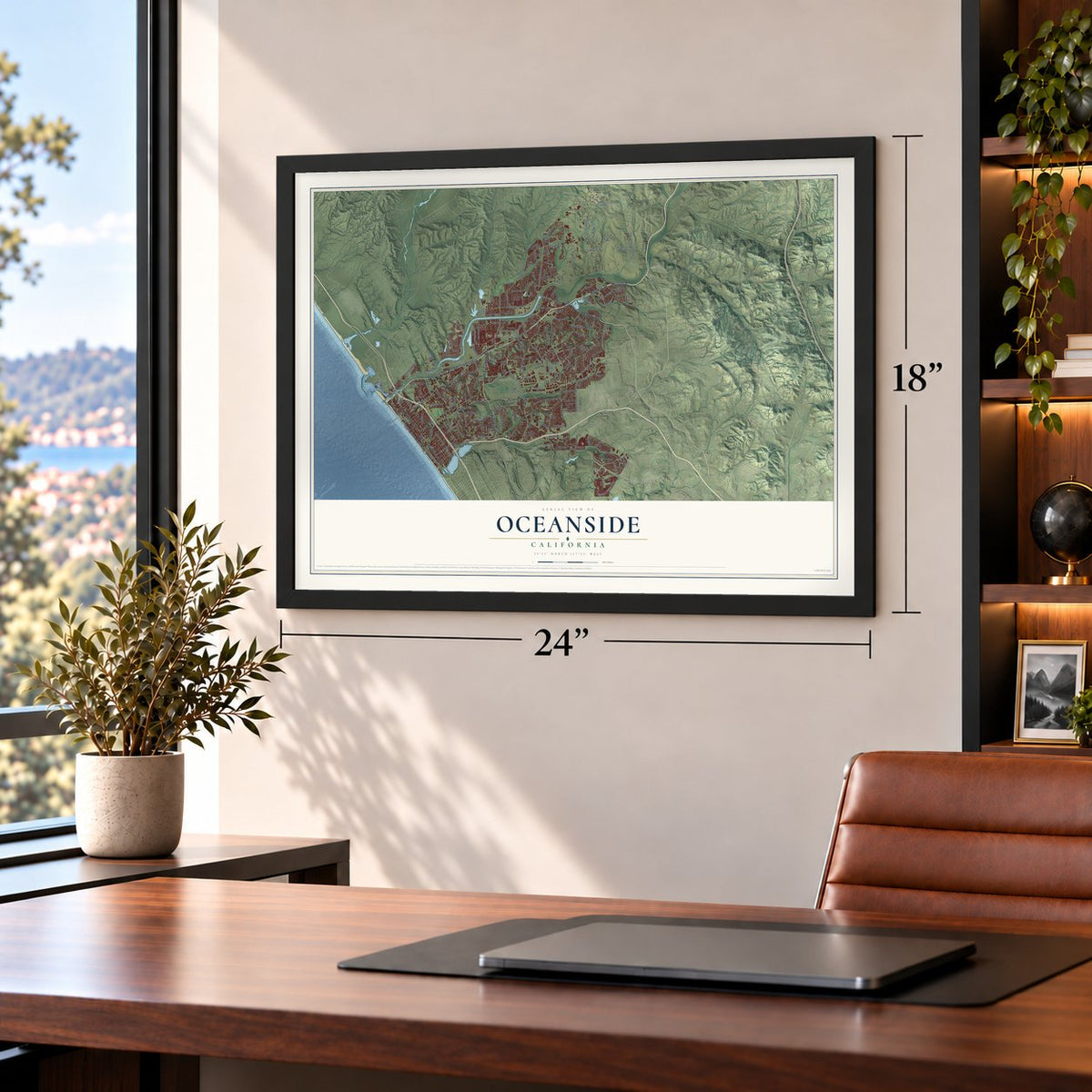 Oceanside, California map, 18 x 24 inch print in a black frame in a home office