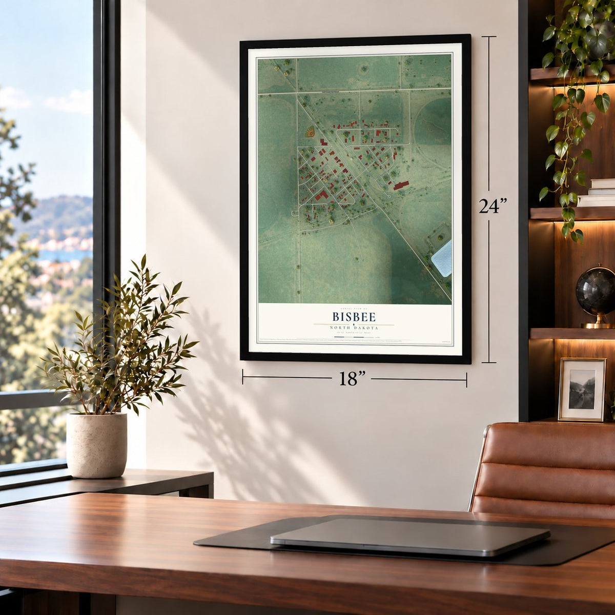 Bisbee, North Dakota map, 18 x 24 inch print in a black frame in a home office