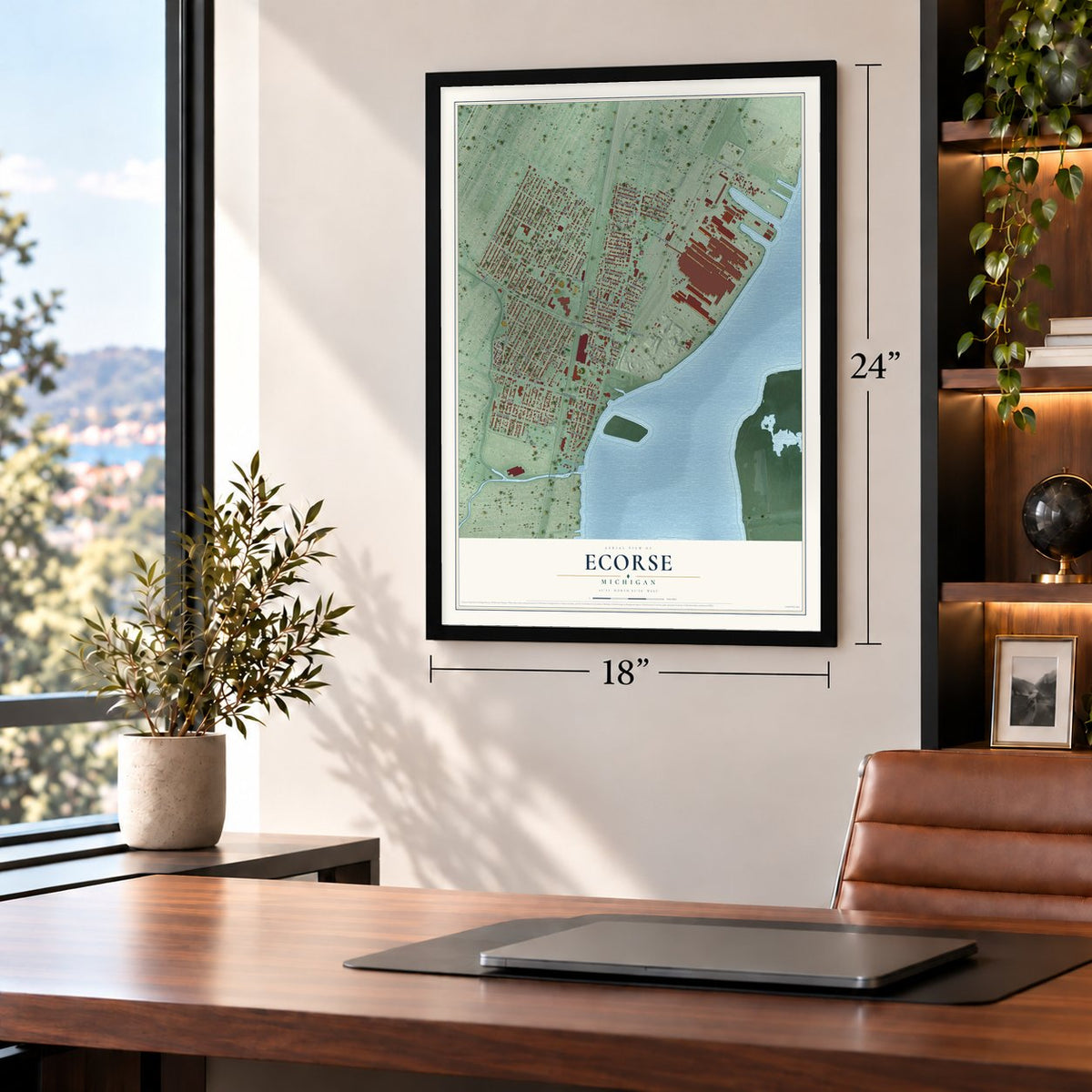 Ecorse, Michigan map, 18 x 24 inch print in a black frame in a home office