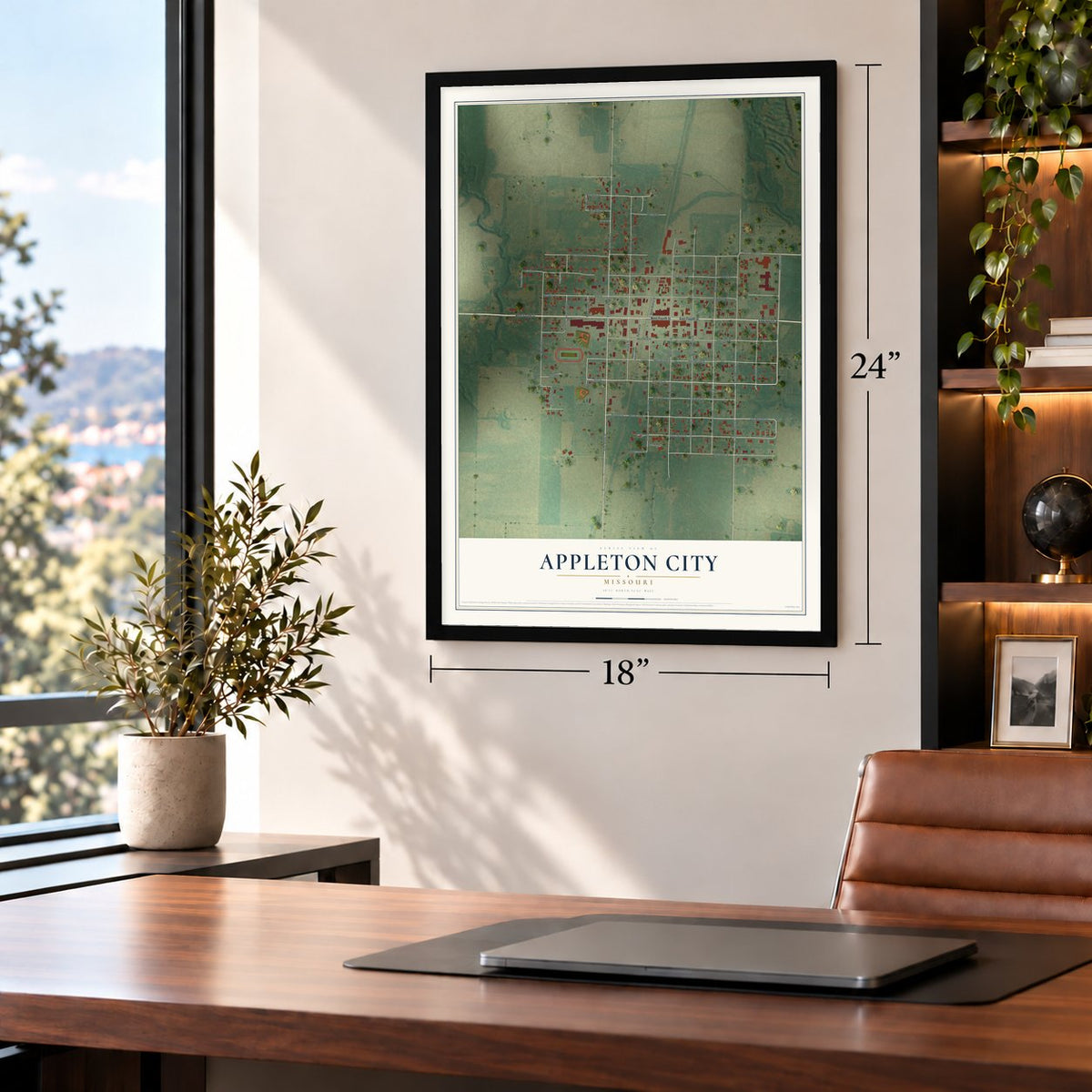 Appleton City, Missouri map, 18 x 24 inch print in a black frame in a home office