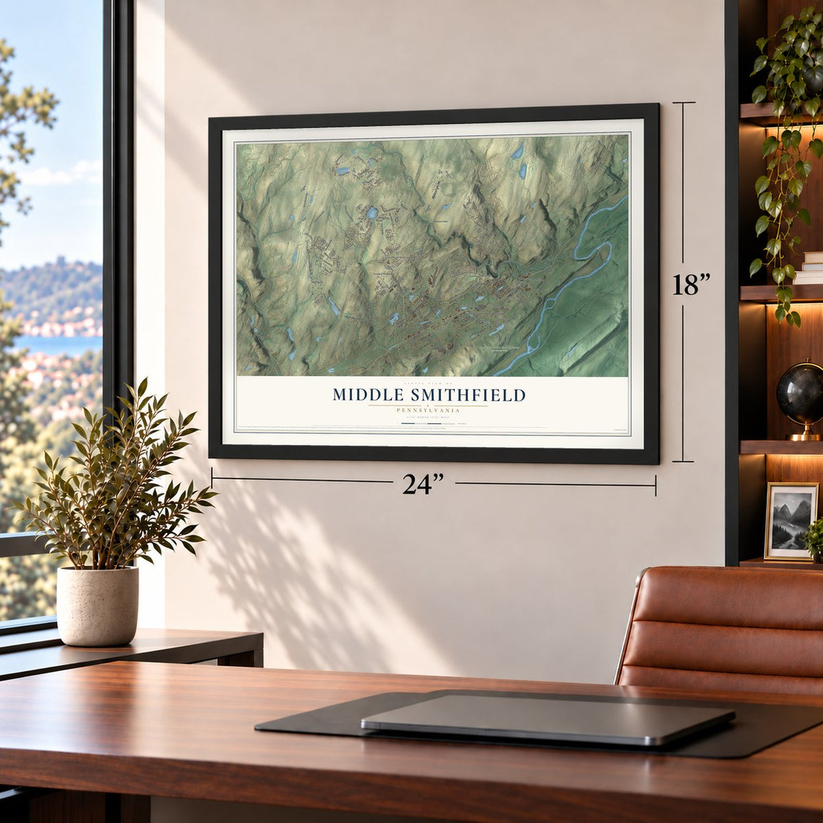 Middle Smithfield, Pennsylvania map, 18 x 24 inch print in a black frame in a home office