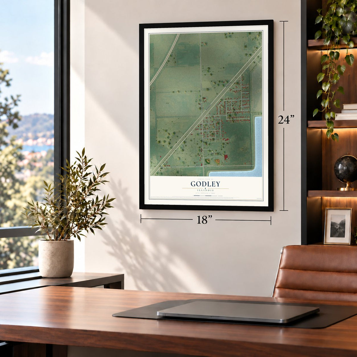 Godley, Illinois map, 18 x 24 inch print in a black frame in a home office
