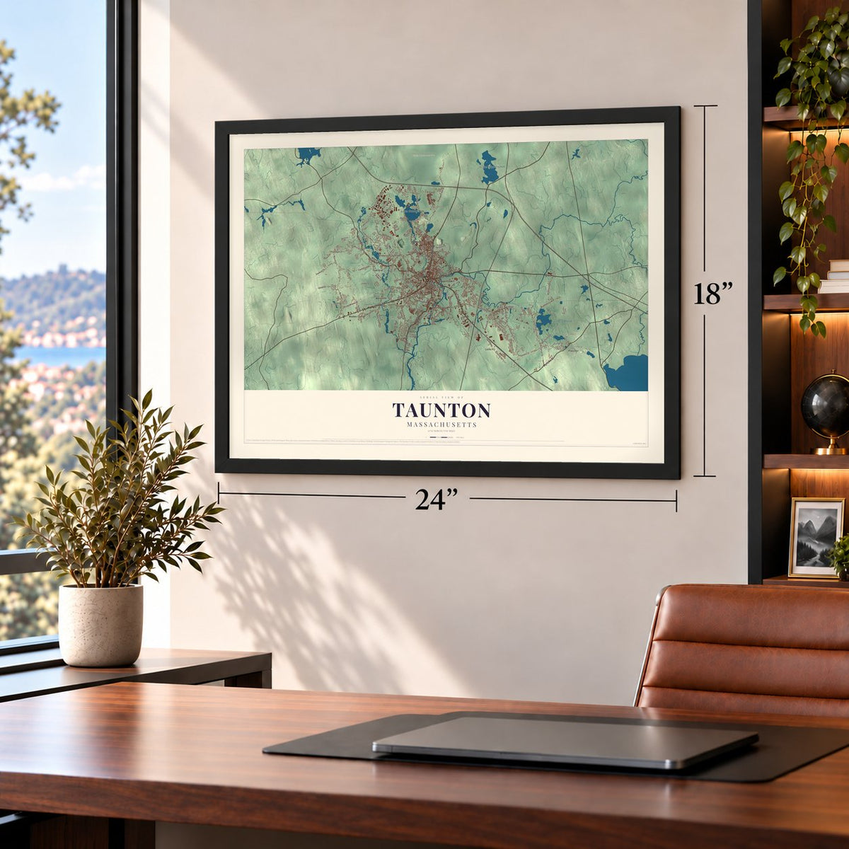 Taunton, Massachusetts map, 18 x 24 inch print in a black frame in a home office