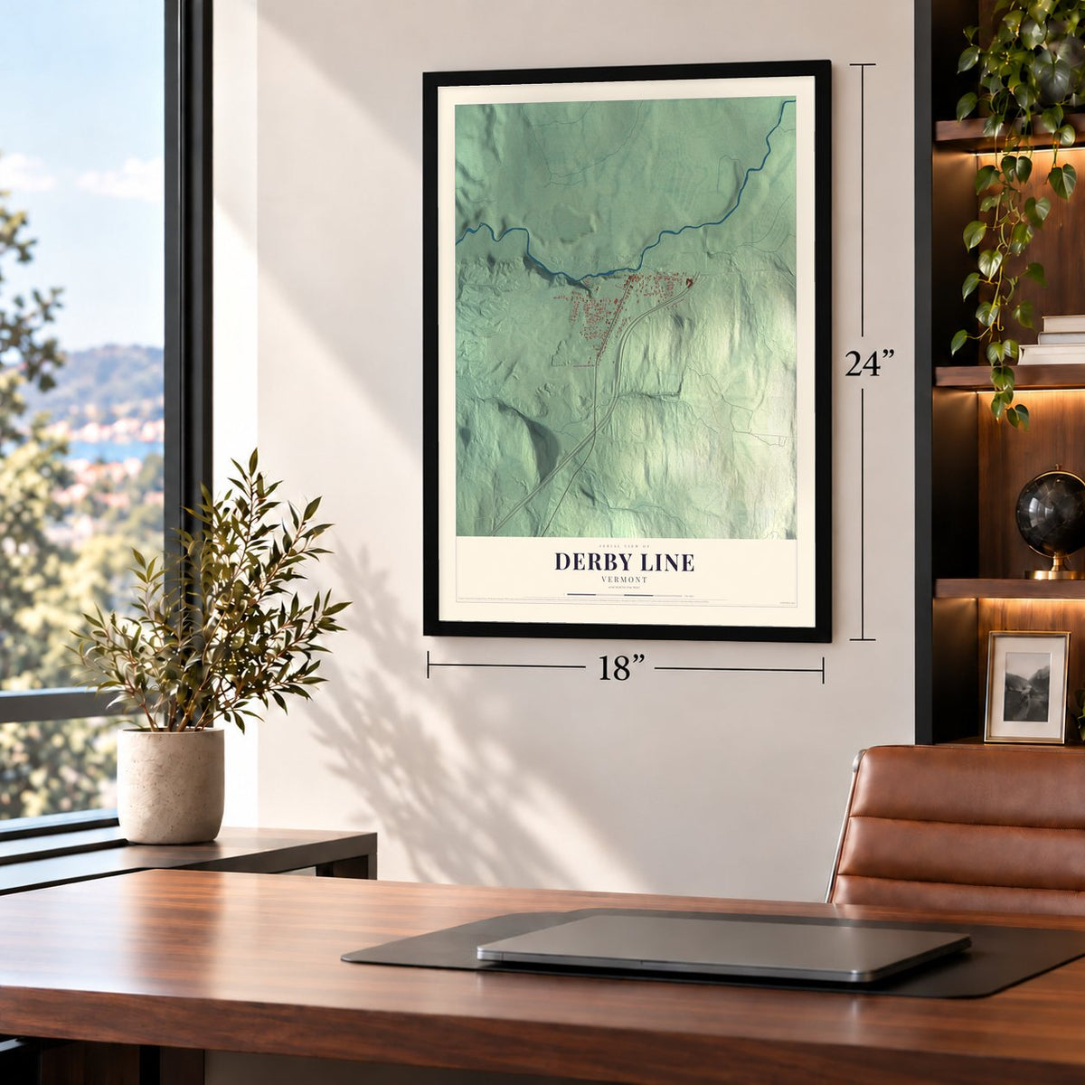 Derby Line, Vermont map, 18 x 24 inch print in a black frame in a home office