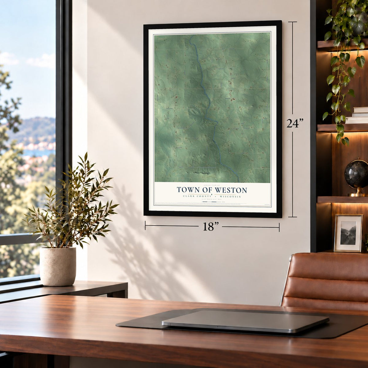 Town of Weston, Clark County, Wisconsin map, 18 x 24 inch print in a black frame in a home office