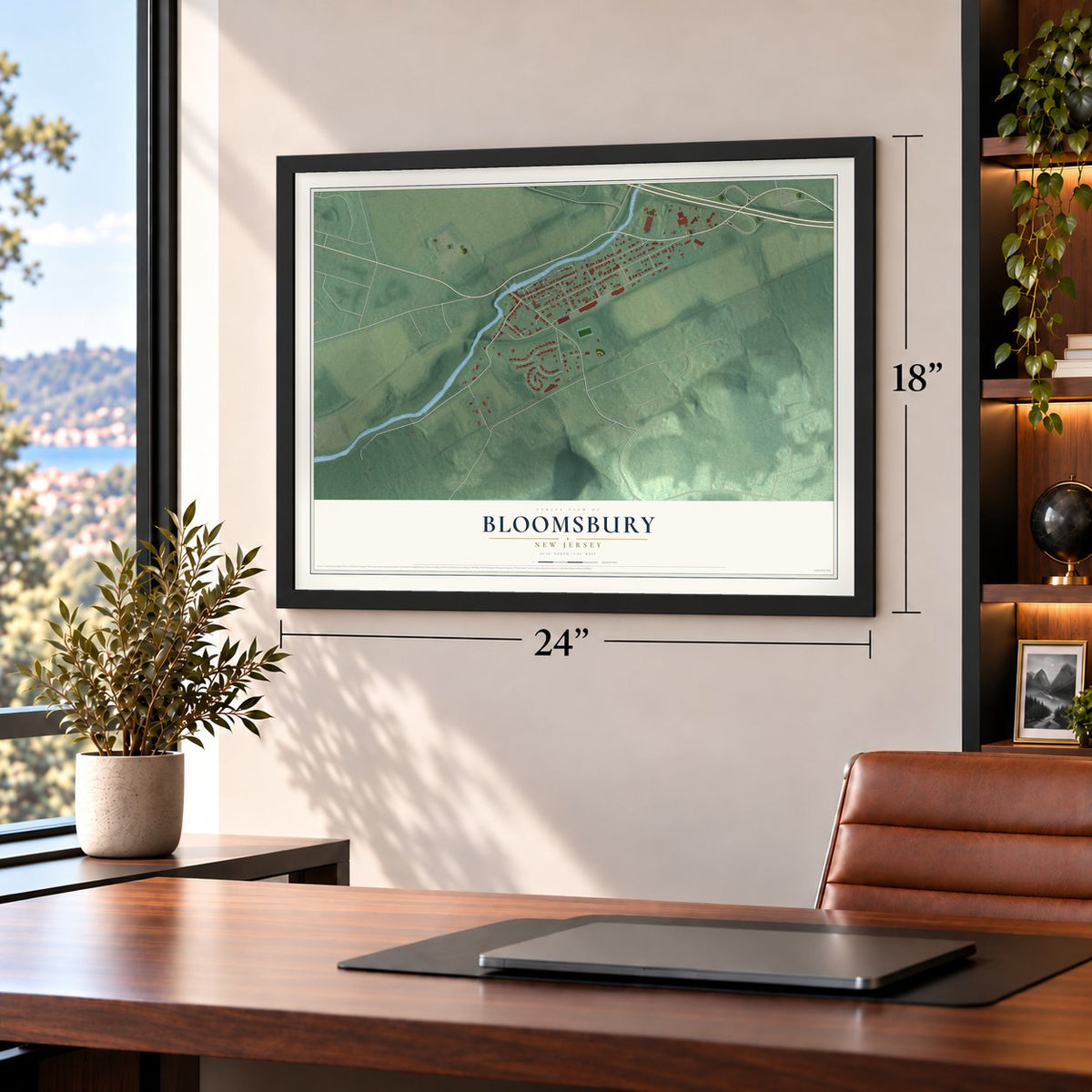 Bloomsbury, New Jersey map, 18 x 24 inch print in a black frame in a home office