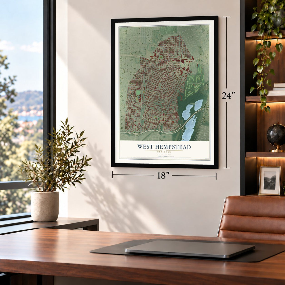 West Hempstead, New York map, 18 x 24 inch print in a black frame in a home office