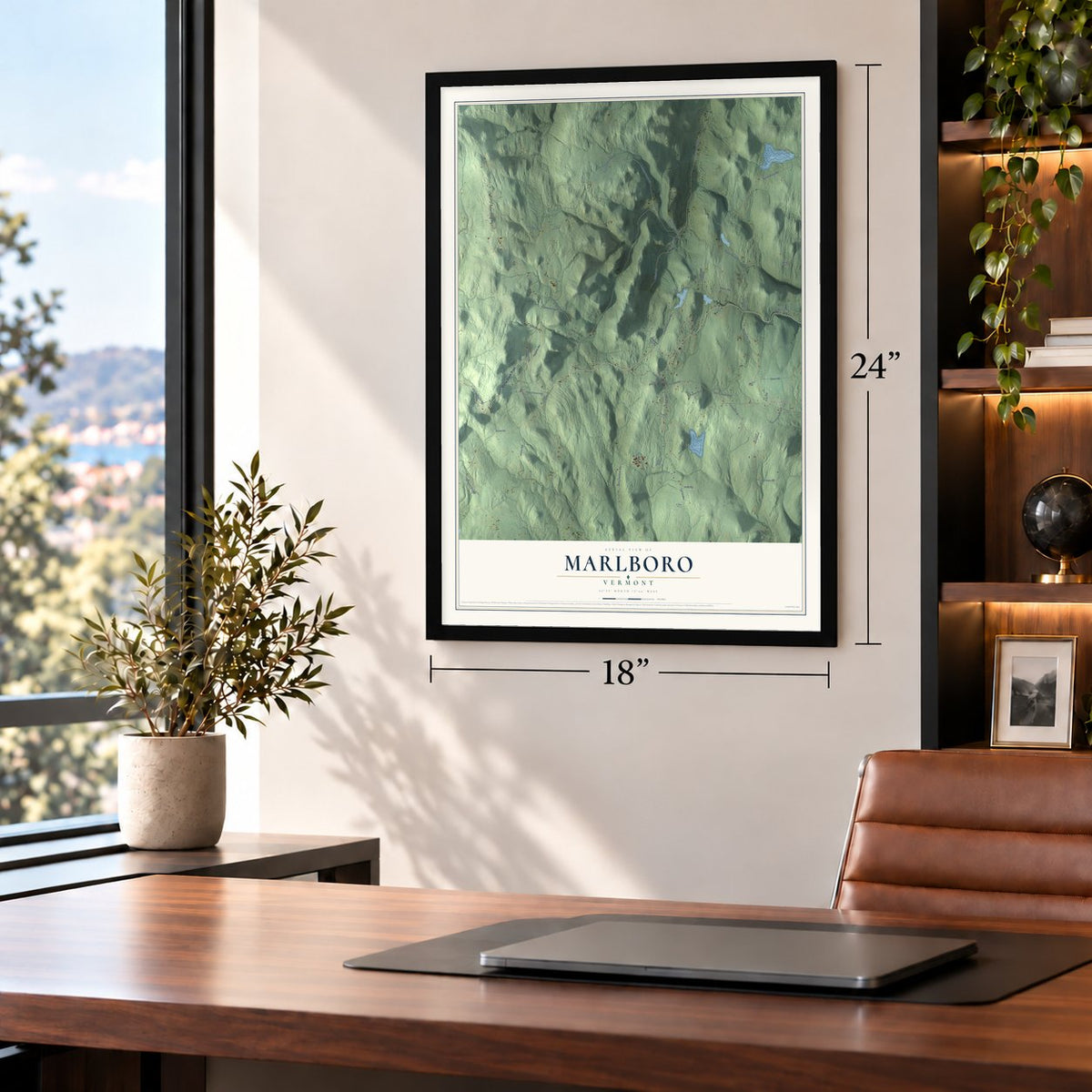 Marlboro, Vermont map, 18 x 24 inch print in a black frame in a home office