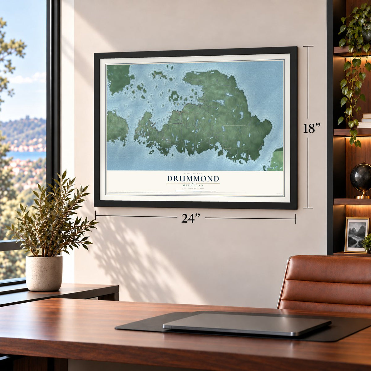 Drummond, Michigan map, 18 x 24 inch print in a black frame in a home office