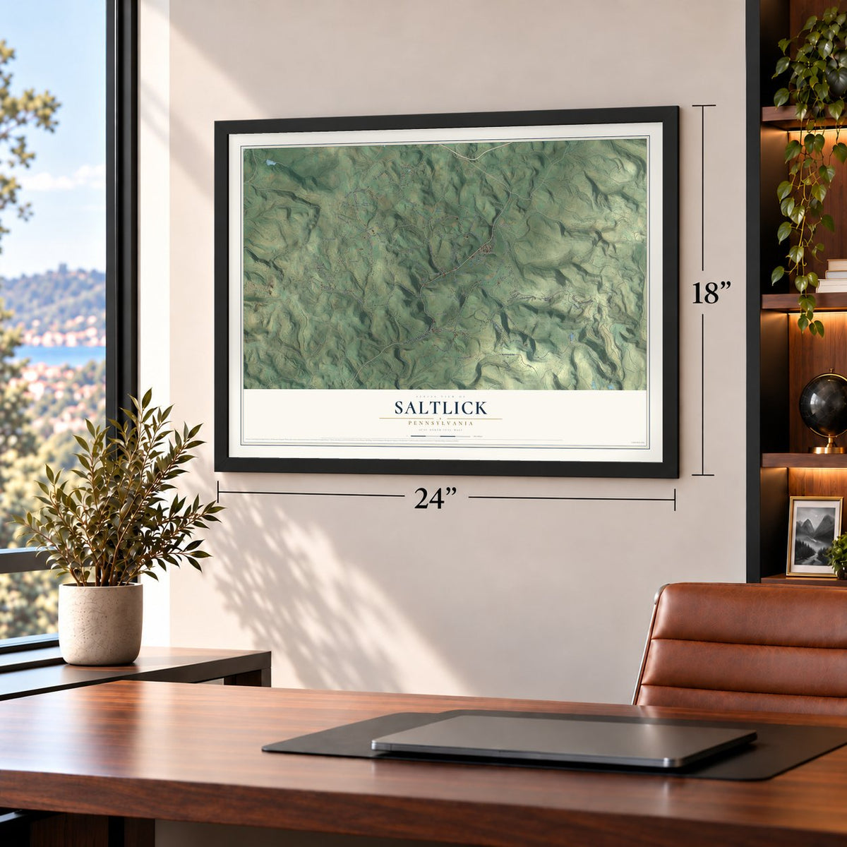 Saltlick, Pennsylvania map, 18 x 24 inch print in a black frame in a home office